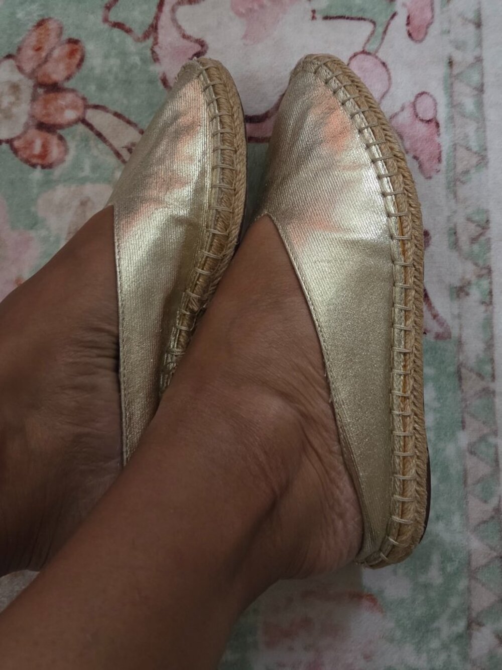 ZARA Trafaluc Shoes Womens 35 Casual Slip On Espadrille Mules Flats Gold Fabric